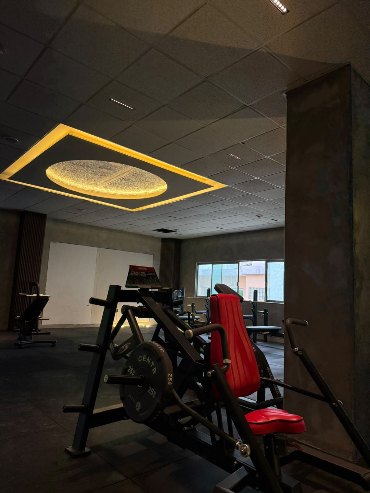 Sala de fuerza con equipos Panatta y discos olímpicos bajo la lámpara central