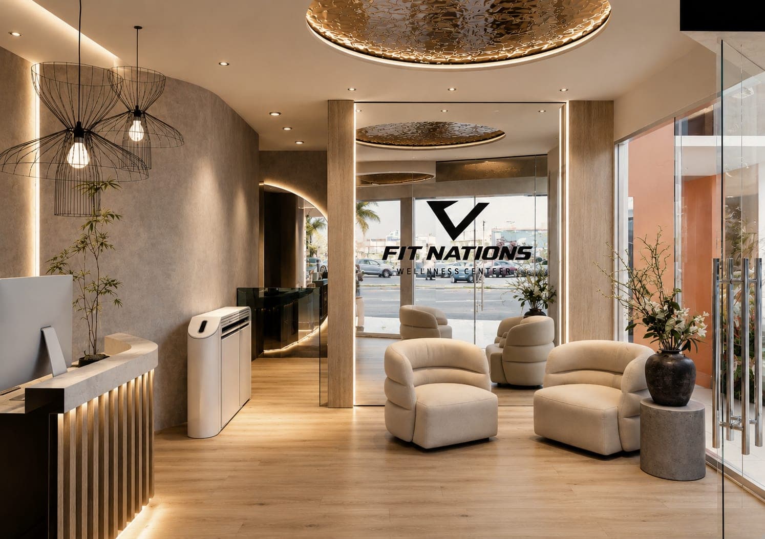 Lobby y recepción con madera de nogal, concreto y plantas naturales
