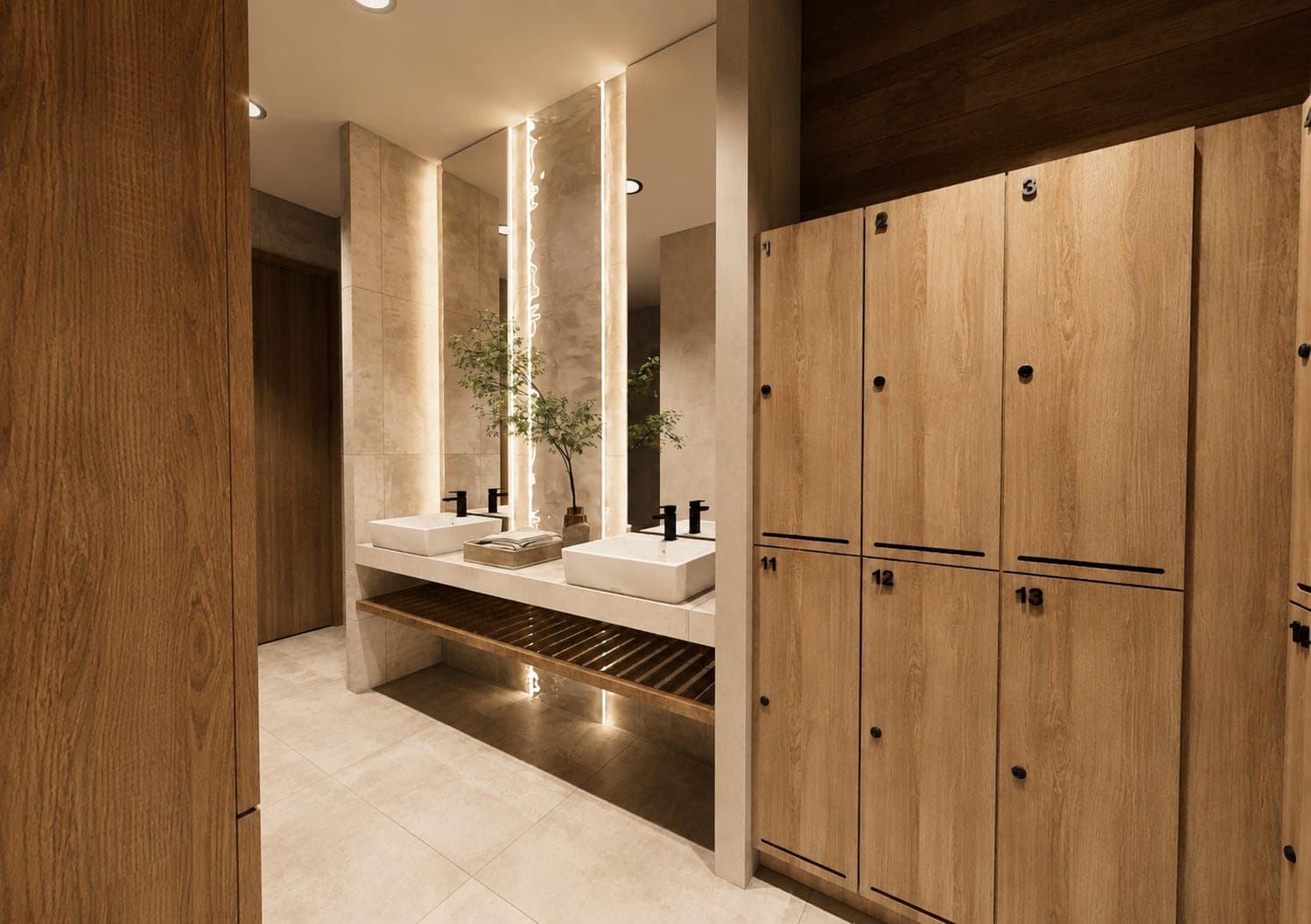 Vestidores con lockers de madera y espejos con luz LED